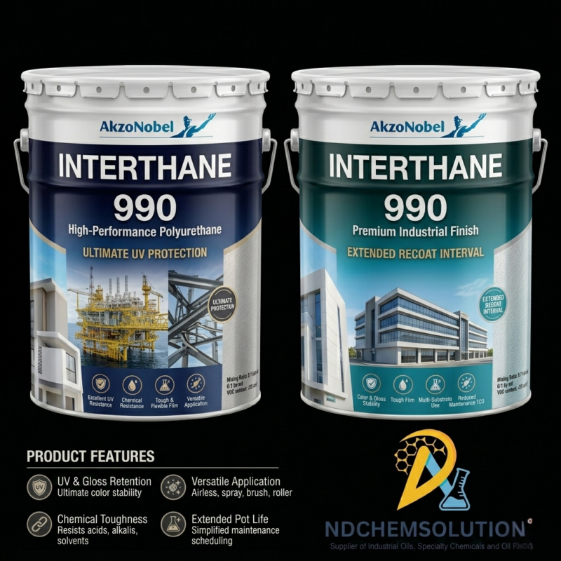 AkzoNobel Interthane 990 polyurethane coating cans displaying product features alongside the NDChemSolutions logo