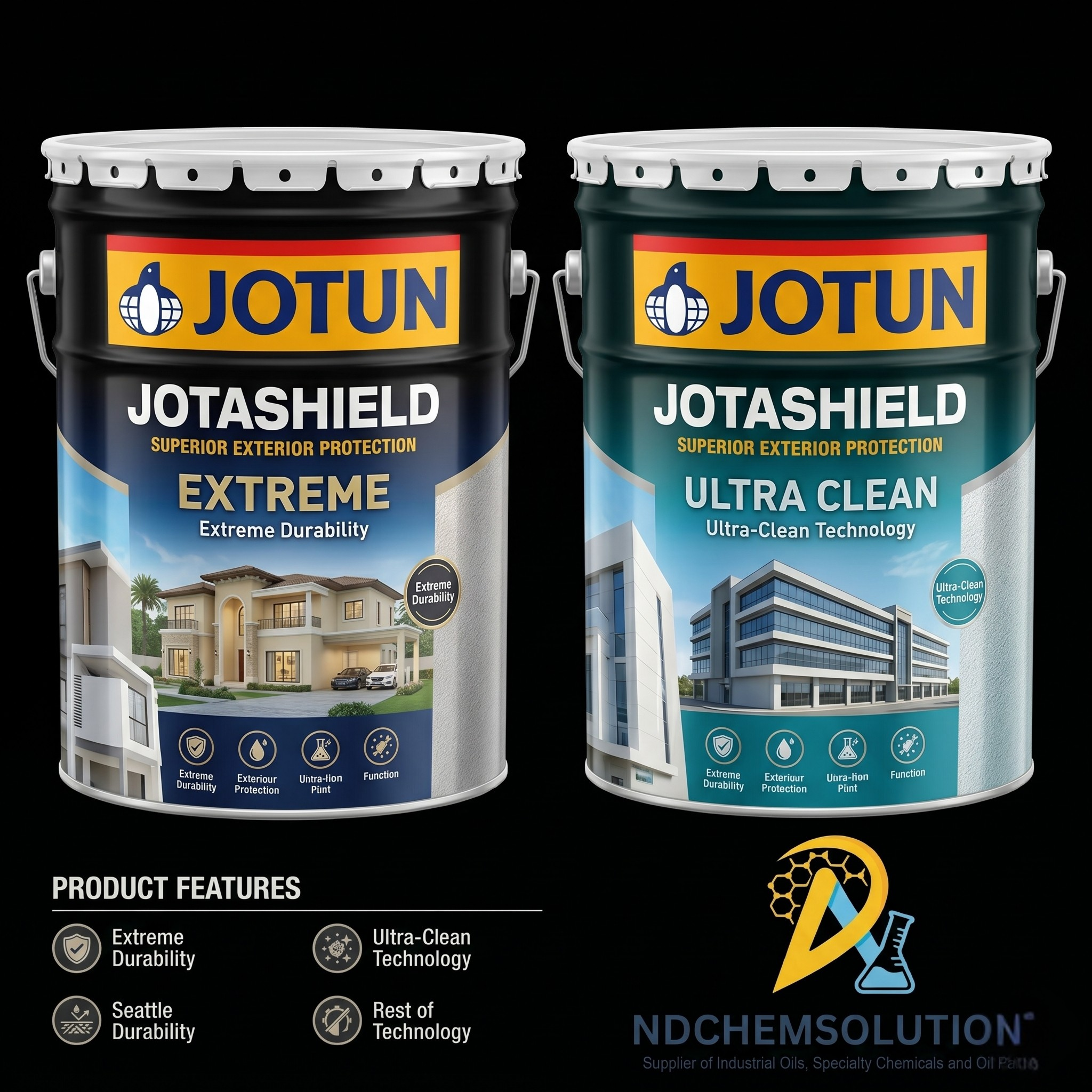 Jotun Jotashield Exterior Paint Jotun Jotashield Extreme and Ultra Clean exterior paint cans with ND Chem Solutions logo and product features