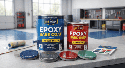 Two-part industrial epoxy paint base coat and hardener kit on a workshop counter with colored concrete floor samples